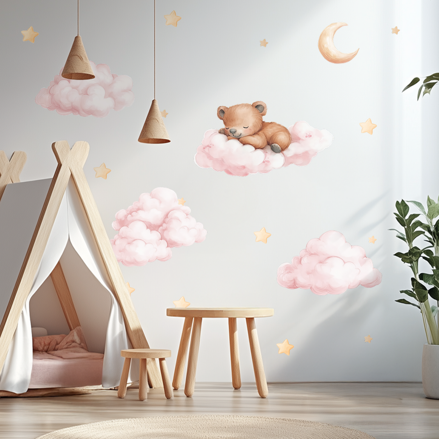 Stickers muraux ours en peluche - Sticker mural pour chambre d'enfant avec lune, étoiles et nuages, décoration intérieure pour baby shower, stickers pour chambre d'enfant