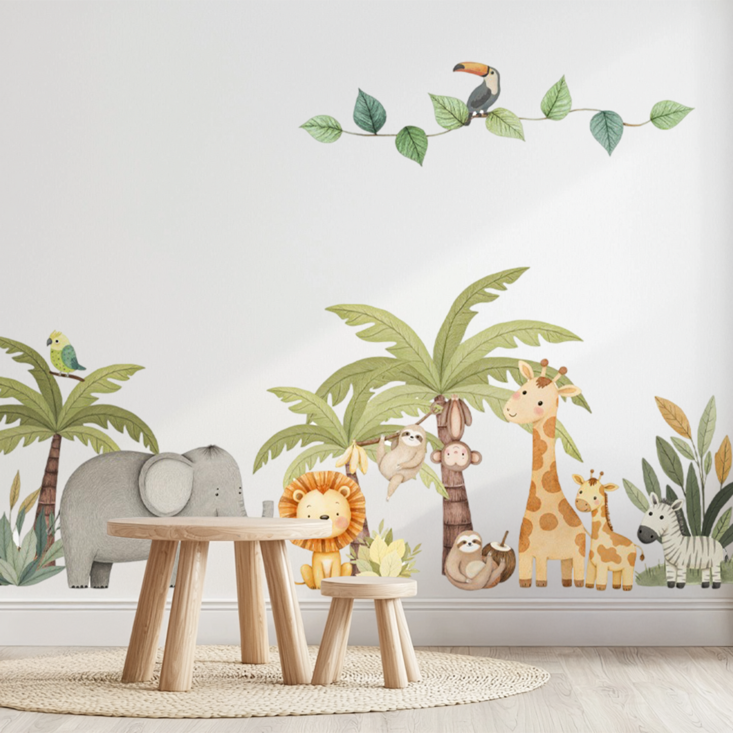 Jungle Wall Decals – Cute Safari Animals & Eco-Friendly Plastic-Free Stickers for Kids Room, Custom Size Available