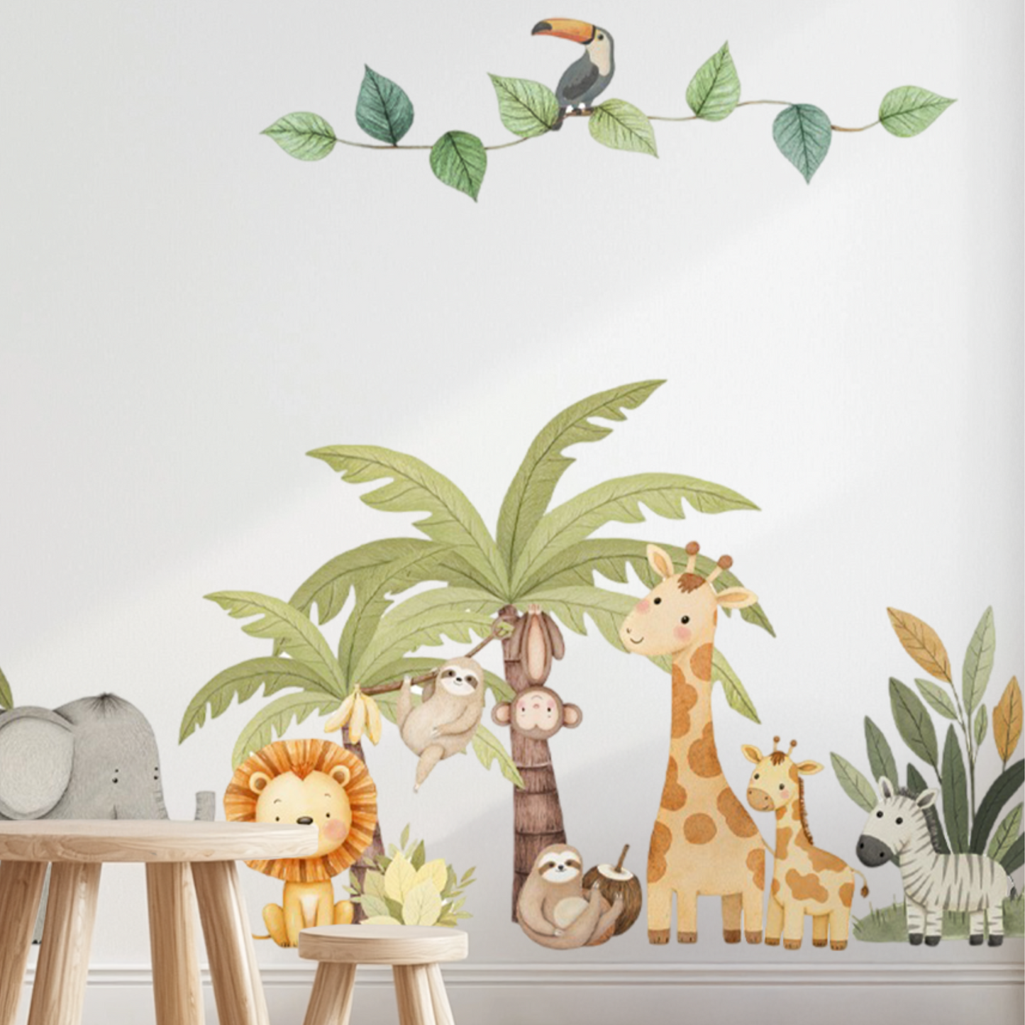 Jungle Wall Decals – Cute Safari Animals & Eco-Friendly Plastic-Free Stickers for Kids Room, Custom Size Available