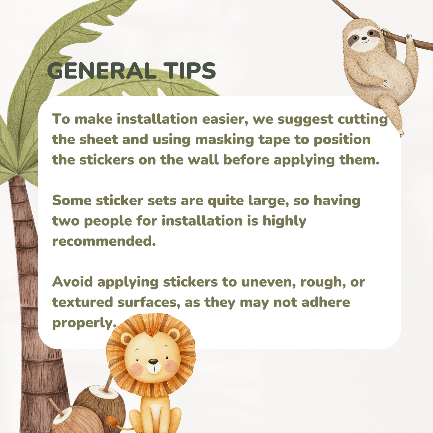 Jungle Wall Decals – Cute Safari Animals & Eco-Friendly Plastic-Free Stickers for Kids Room, Custom Size Available