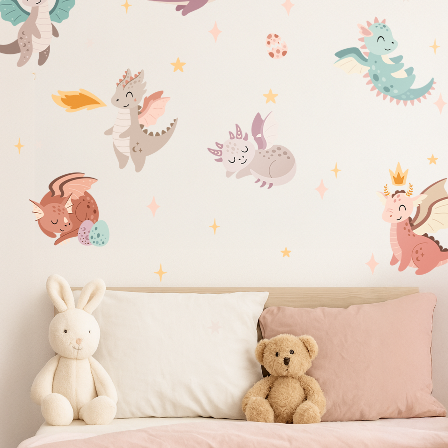 Cute Dragon Wall Stickers – Purple & Pink Fantasy Creatures, Boho Nursery Decor, Magical Kids Room Wall Art