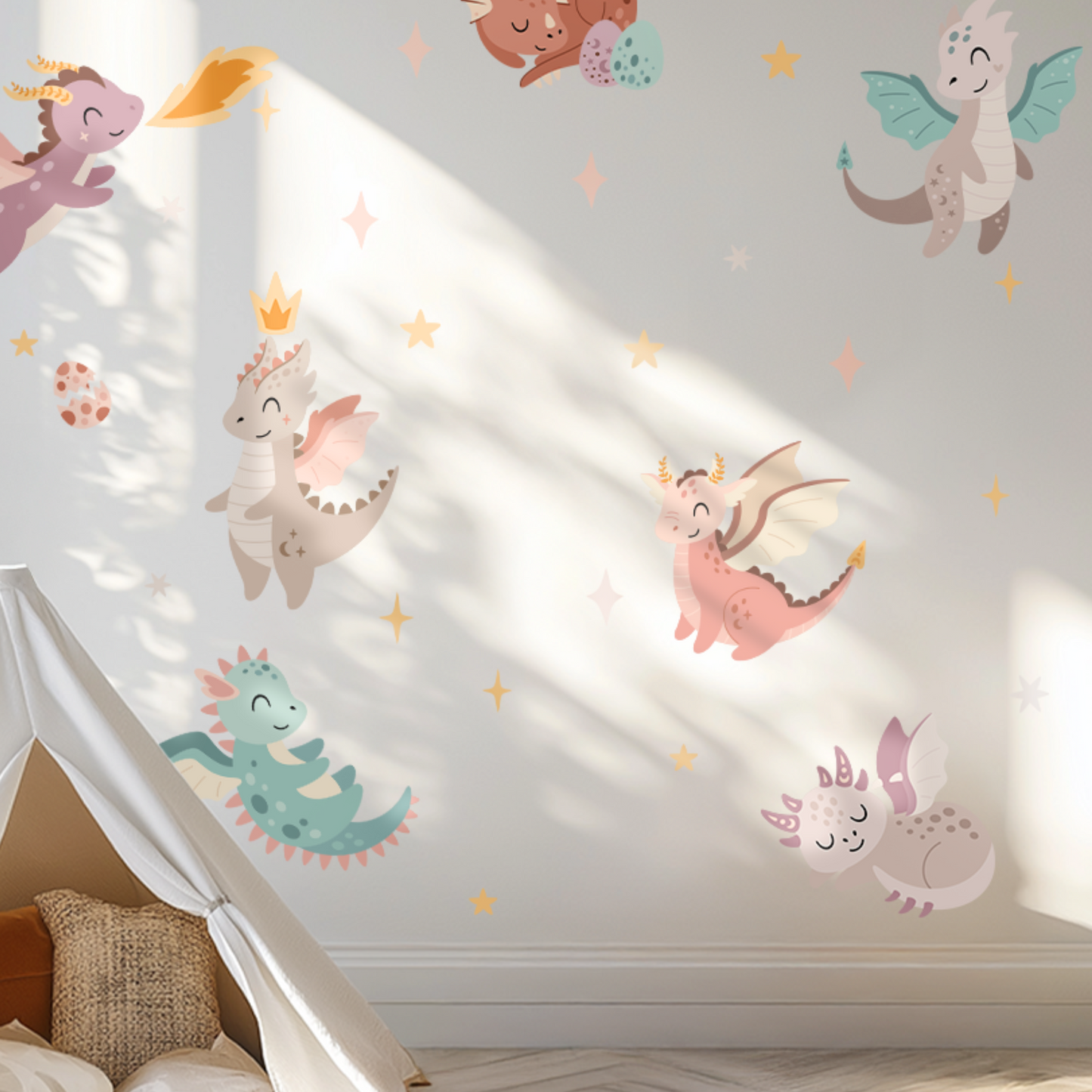 Cute Dragon Wall Stickers – Purple & Pink Fantasy Creatures, Boho Nursery Decor, Magical Kids Room Wall Art