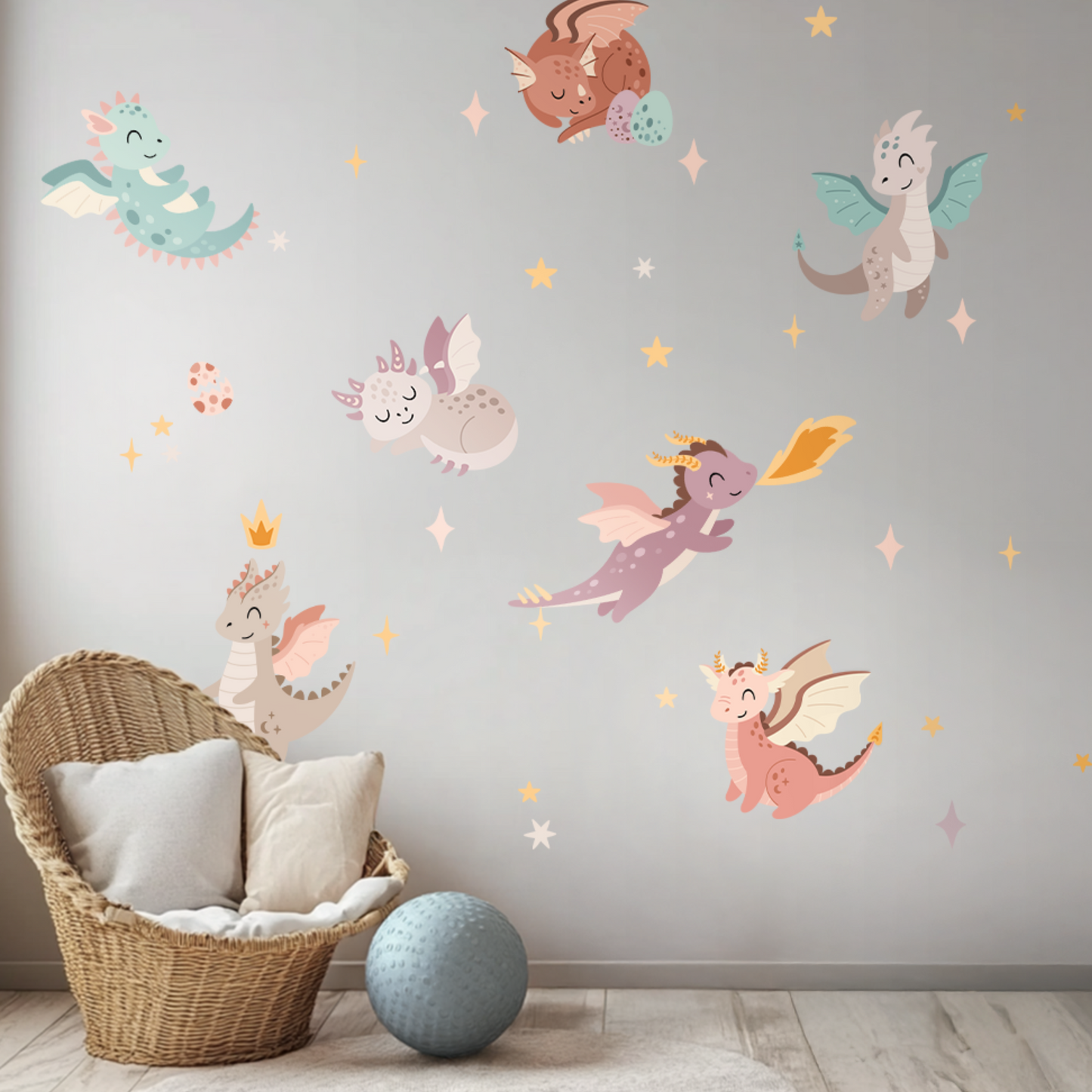 Cute Dragon Wall Stickers – Purple & Pink Fantasy Creatures, Boho Nursery Decor, Magical Kids Room Wall Art