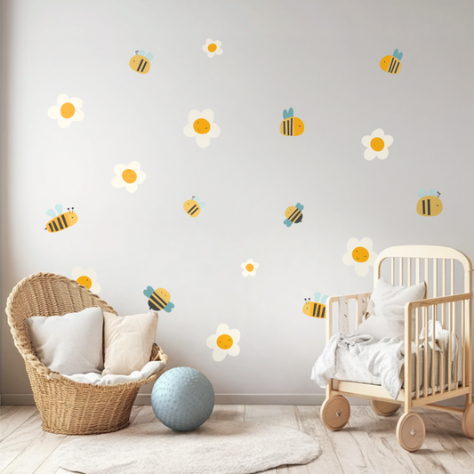Bees & Flowers Wall Decals – Floral Bee Kids Room Decor, Nature-Inspired Nursery Wall Art, Adorable Reusable Stickers for Children’s Spaces