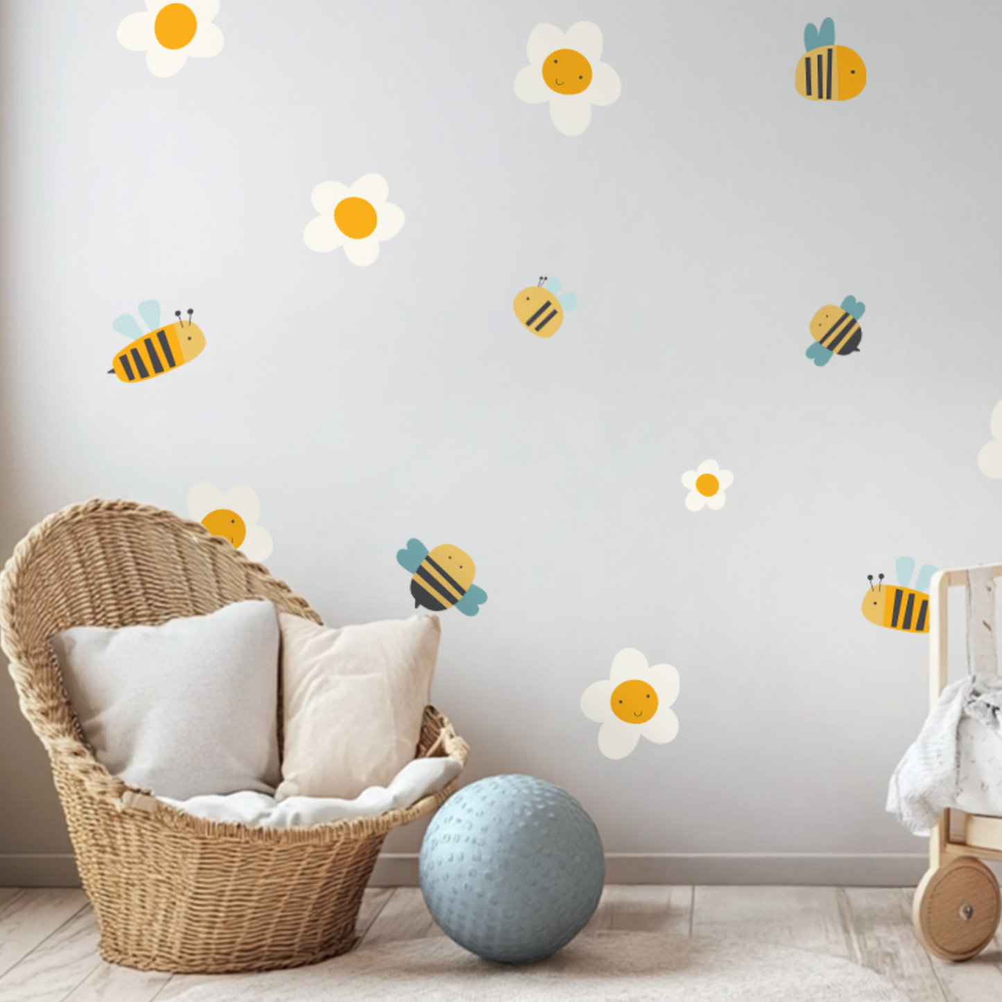 Bees & Flowers Wall Decals – Floral Bee Kids Room Decor, Nature-Inspired Nursery Wall Art, Adorable Reusable Stickers for Children’s Spaces