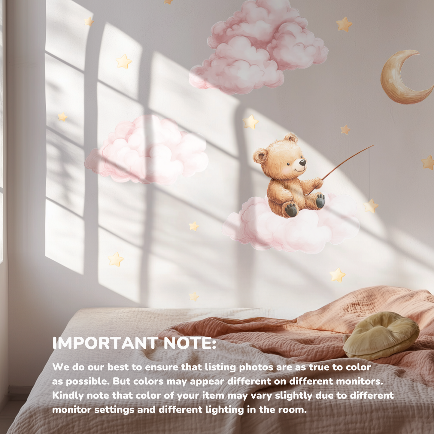 Bear Fishing on Cloud Wall Decals – XL & XXL Non-Toxic Reusable Watercolor-Style Kids' Room Decor with Stars and Dreamy Sky Elements