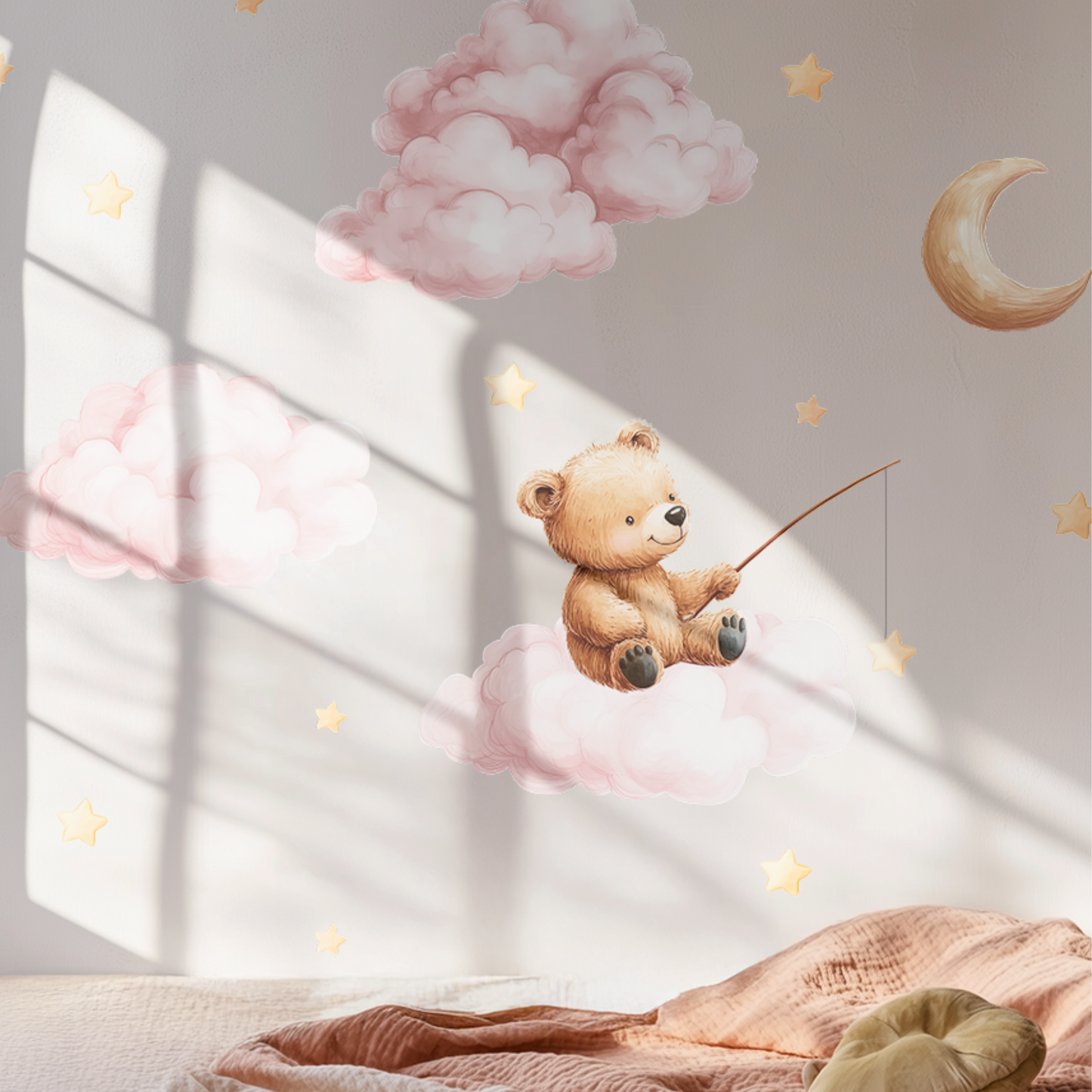 Bear Fishing on Cloud Wall Decals – XL & XXL Non-Toxic Reusable Watercolor-Style Kids' Room Decor with Stars and Dreamy Sky Elements