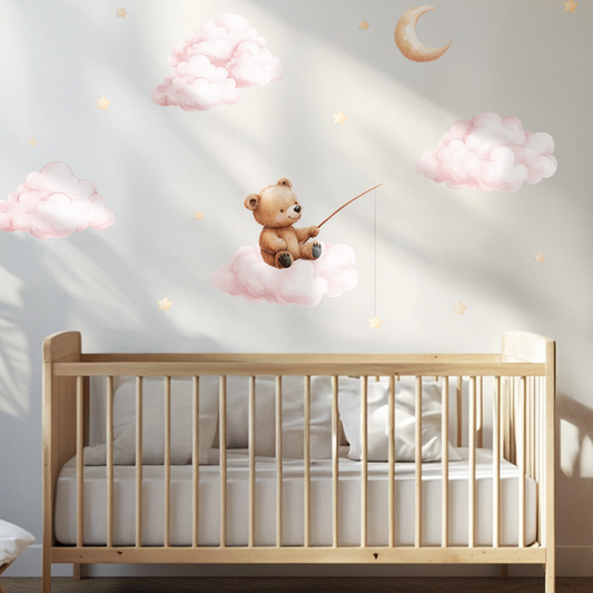 Bear Fishing on Cloud Wall Decals – XL & XXL Non-Toxic Reusable Watercolor-Style Kids' Room Decor with Stars and Dreamy Sky Elements