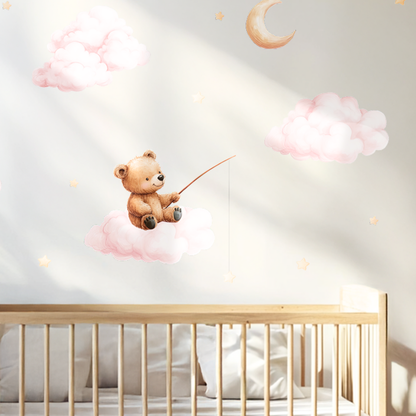Bear Fishing on Cloud Wall Decals – XL & XXL Non-Toxic Reusable Watercolor-Style Kids' Room Decor with Stars and Dreamy Sky Elements