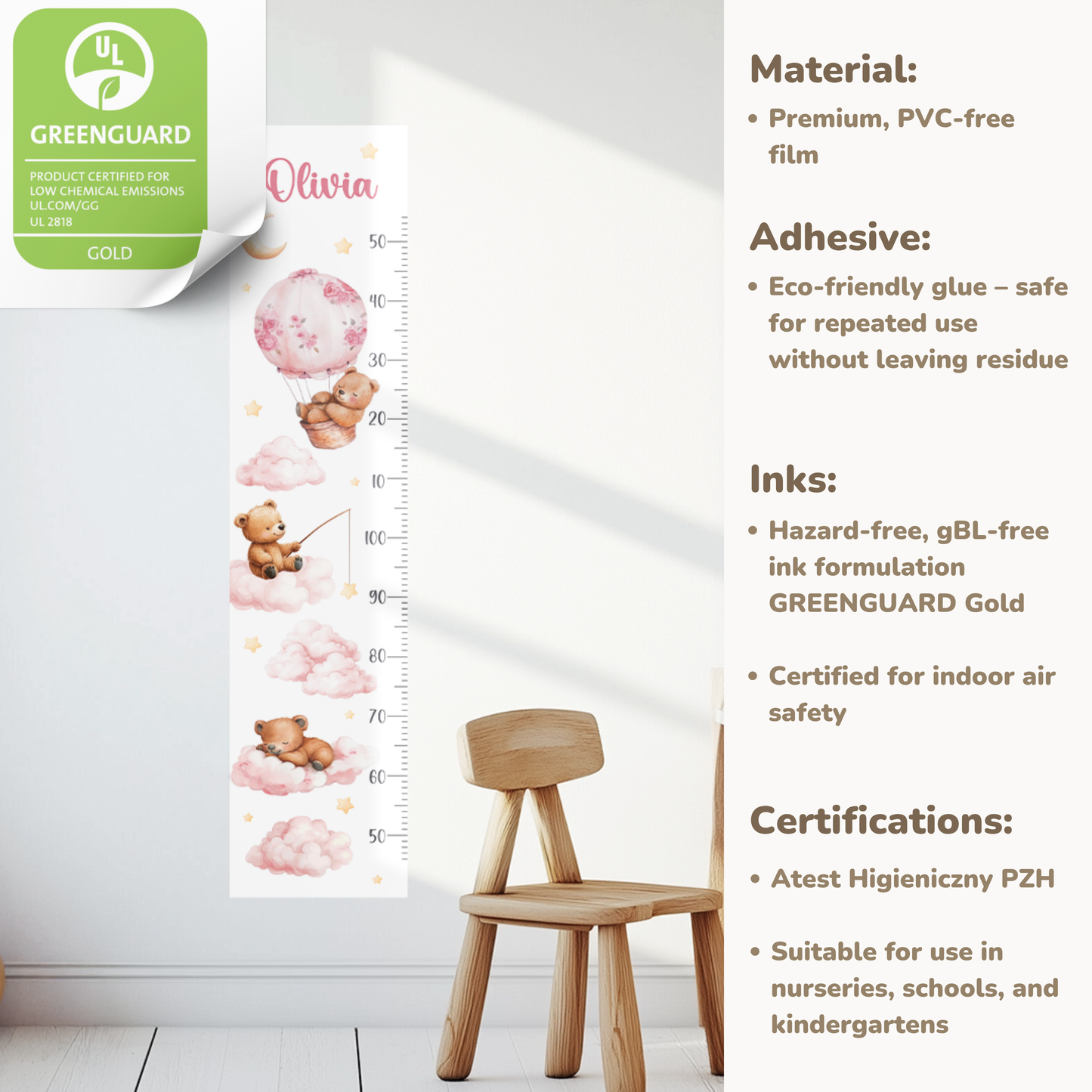 Bears & Clouds Wall Decals – Personalized Height Chart with Name for Boys and Girls, Peel and Stick, Plastic-Free Growth Chart for Kids Room