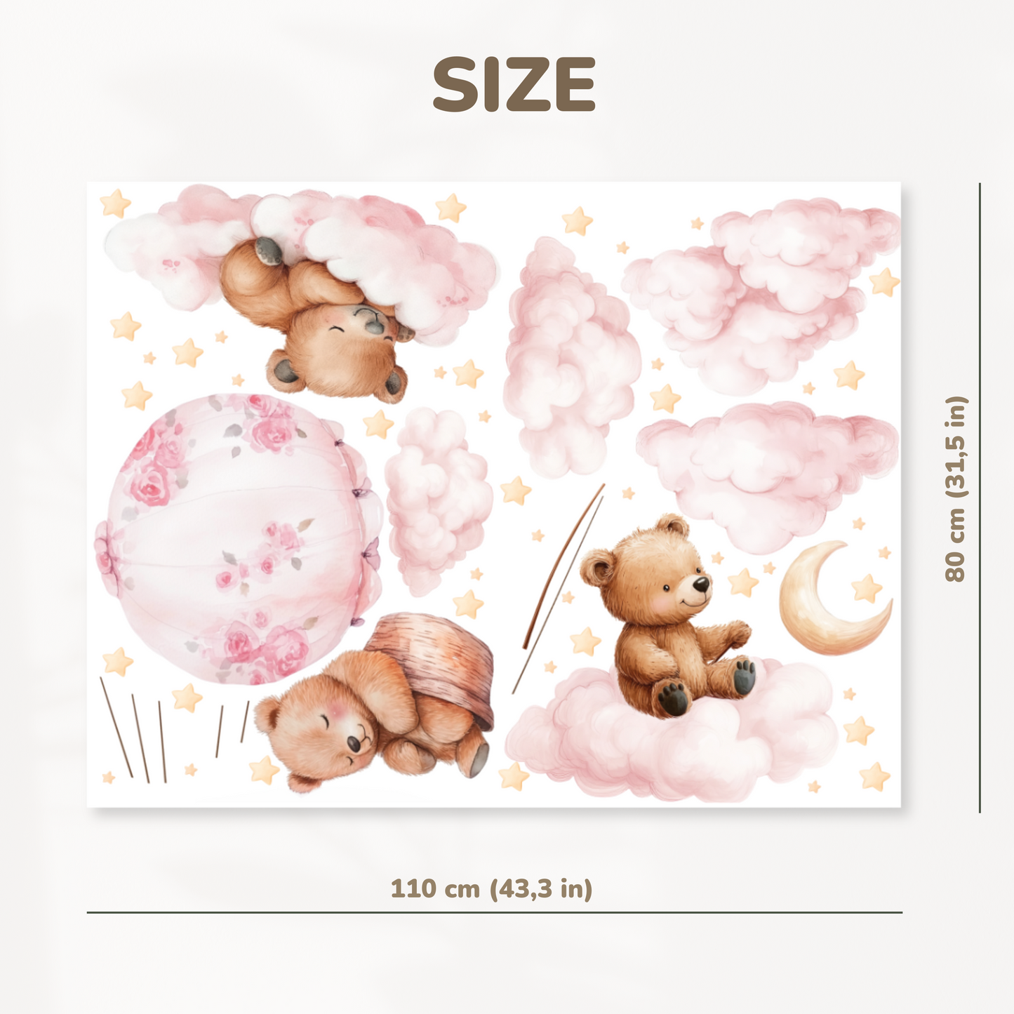 Sleepy Bears Wall Decals – Dreamy Nursery Decor, Clouds & Stars Stickers, Soothing Reusable Baby Wall Art
