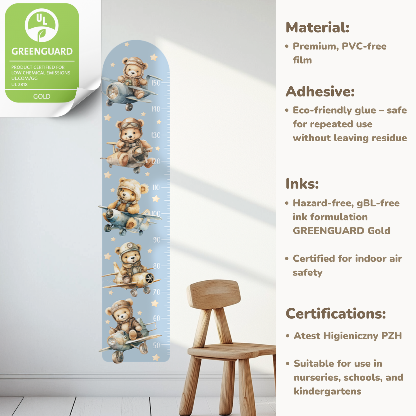 Teddy Bear Aviator Growth Chart Wall Decal – Personalized Height Ruler for Kids, Peel & Stick, Eco-Friendly Nursery Wall Art