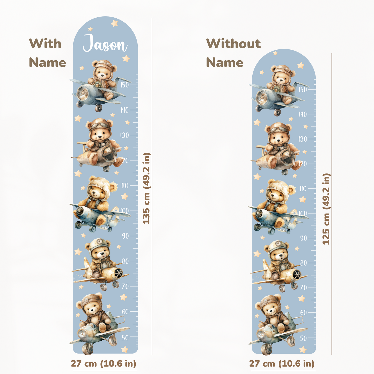 Teddy Bear Aviator Growth Chart Wall Decal – Personalized Height Ruler for Kids, Peel & Stick, Eco-Friendly Nursery Wall Art