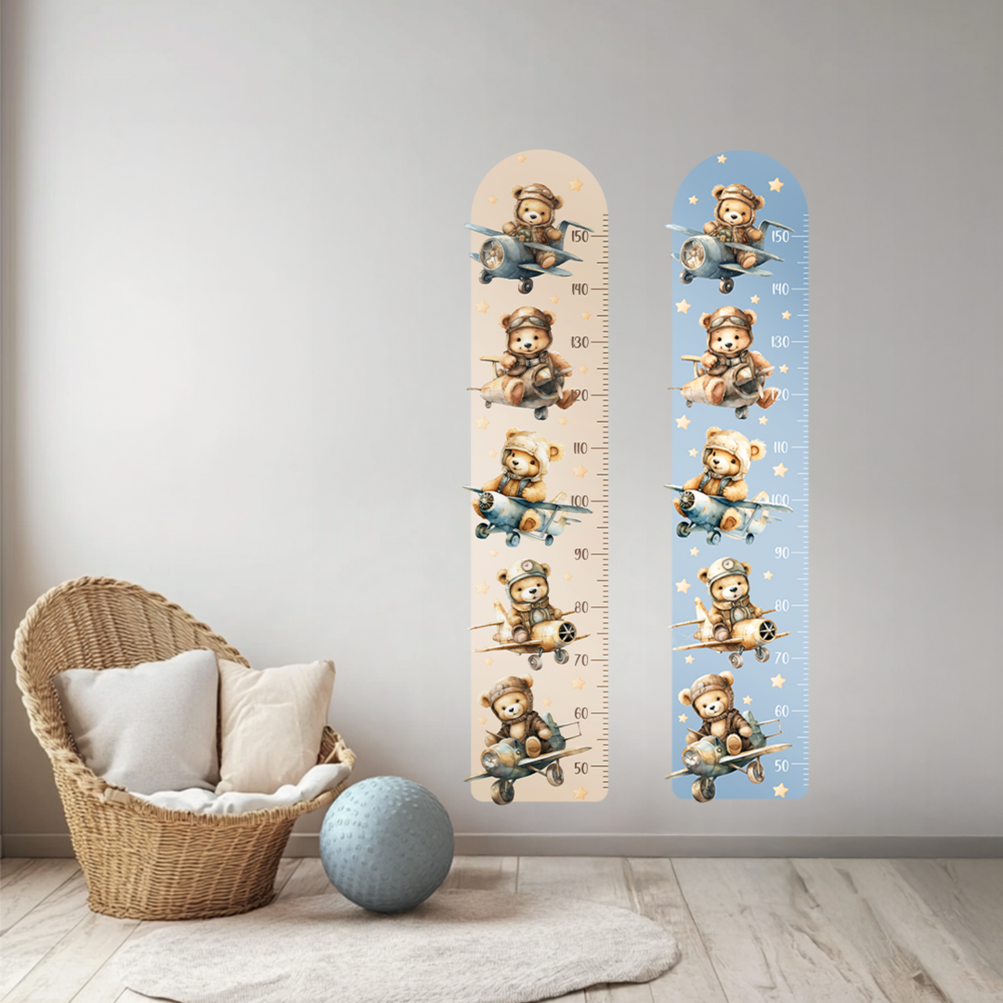 Teddy Bear Aviator Growth Chart Wall Decal – Personalized Height Ruler for Kids, Peel & Stick, Eco-Friendly Nursery Wall Art