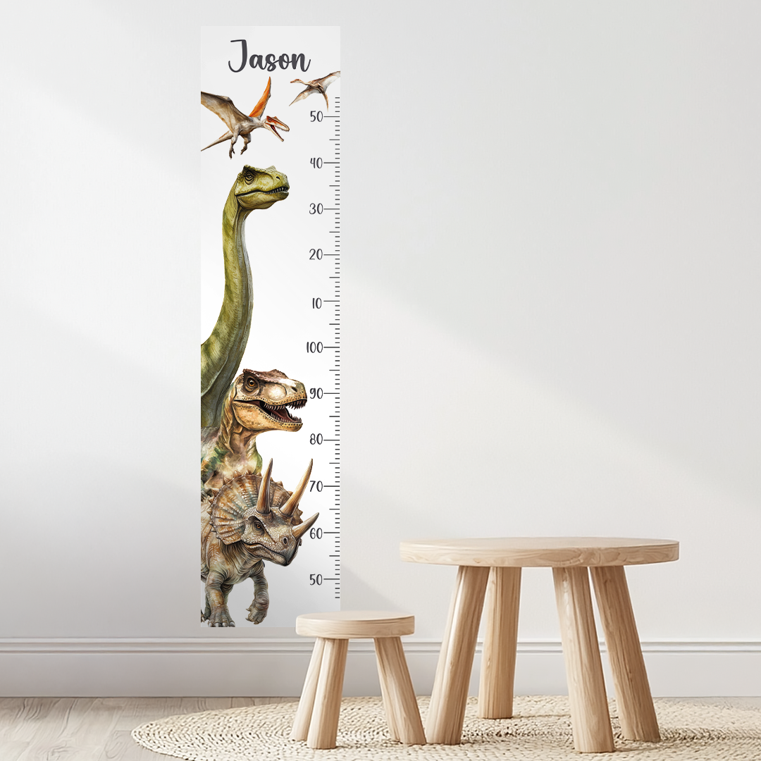 Autocollants muraux personnalisés pour tableau de croissance des dinosaures – Ajoutez le nom de votre enfant, réutilisables, à décoller et à coller, sans PVC, parfaits pour la crèche ou la salle de jeux