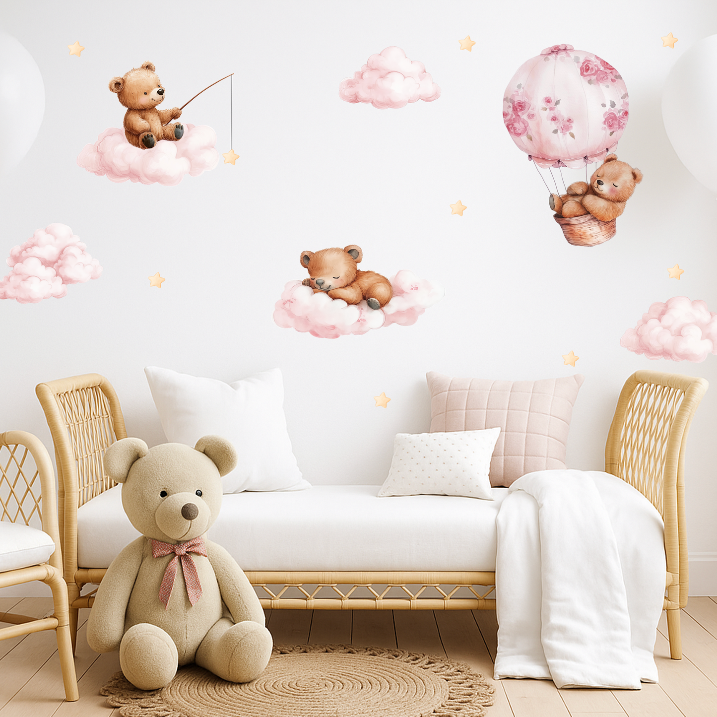 Sleepy Bears Wall Decals – Dreamy Nursery Decor, Clouds & Stars Stickers, Soothing Reusable Baby Wall Art