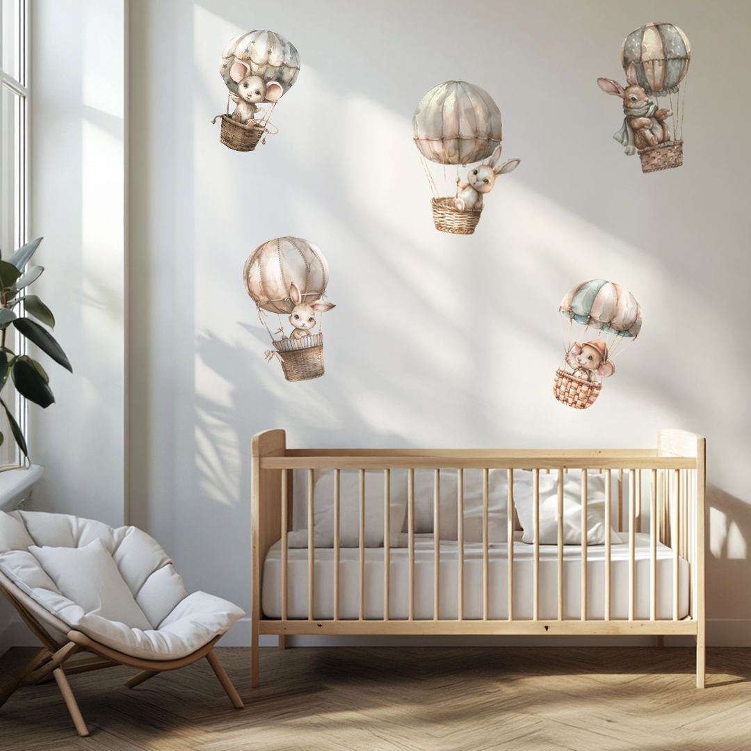 Flying Animals Wall Decals – Whimsical Hot Air Balloon Nursery Decor, Eco Reusable Baby Room Stickers, Soft Pastel Wall Art for Girls & Boys