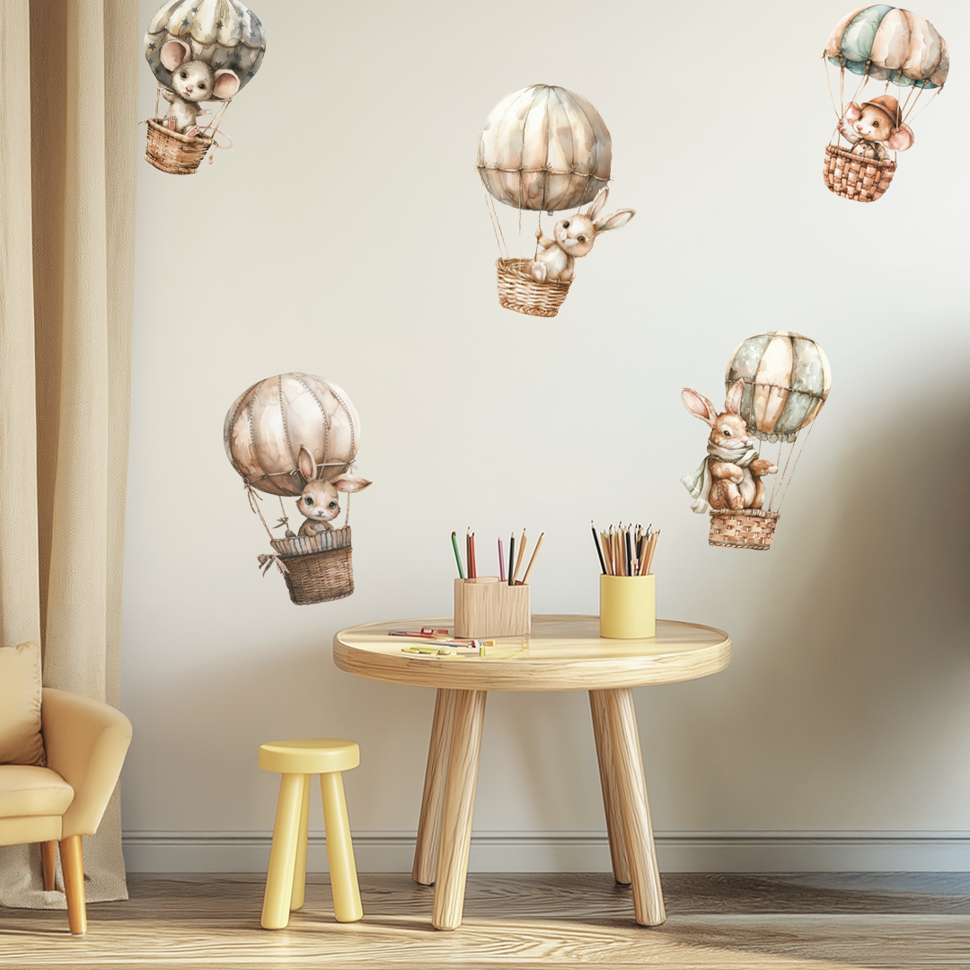 Flying Animals Wall Decals – Whimsical Hot Air Balloon Nursery Decor, Eco Reusable Baby Room Stickers, Soft Pastel Wall Art for Girls & Boys