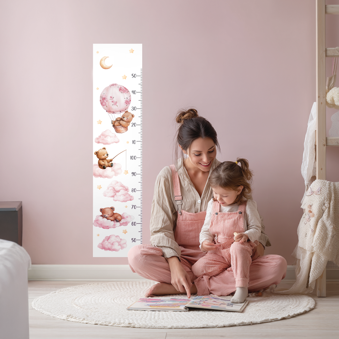 Bears & Clouds Wall Decals – Personalized Height Chart with Name for Boys and Girls, Peel and Stick, Plastic-Free Growth Chart for Kids Room