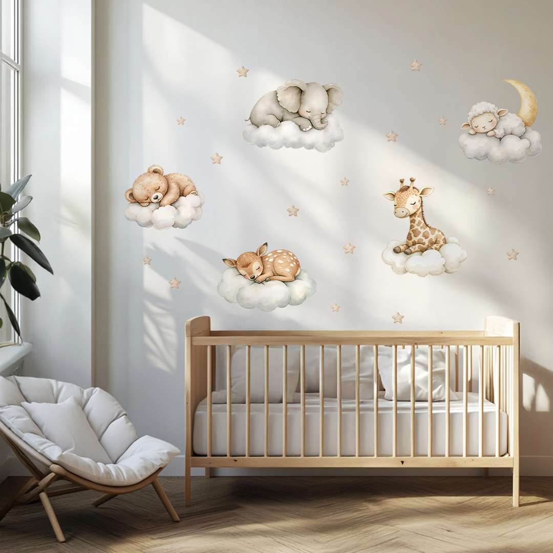 Wandaufkleber „Schlafende Häschen“ – Verträumte Kinderzimmerdekoration, wiederverwendbare Aufkleber fürs Babyzimmer mit Sternen und Wolken