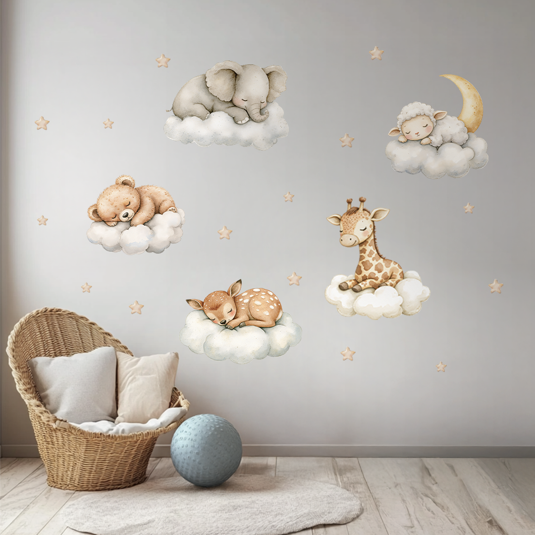 Wandaufkleber „Schlafende Häschen“ – Verträumte Kinderzimmerdekoration, wiederverwendbare Aufkleber fürs Babyzimmer mit Sternen und Wolken
