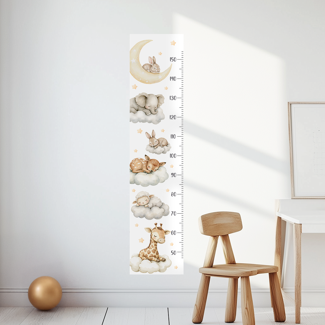 Sleeping Animals Height Chart Wall Decals – Dreamy Growth Ruler with Stars & Moon, Reusable Nursery Wall Art in Watercolor Style