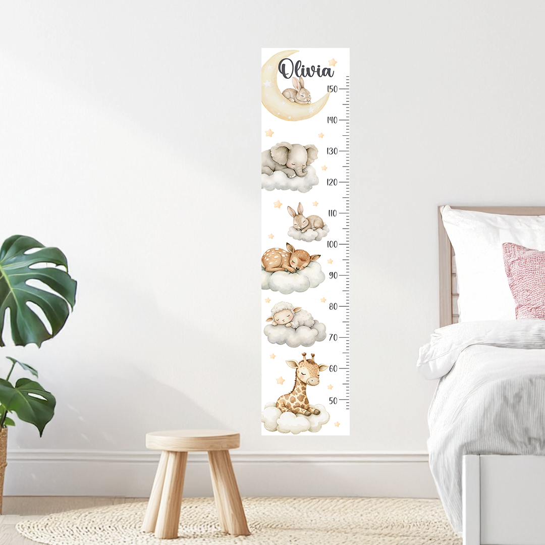 Sleeping Animals Height Chart Wall Decals – Dreamy Growth Ruler with Stars & Moon, Reusable Nursery Wall Art in Watercolor Style