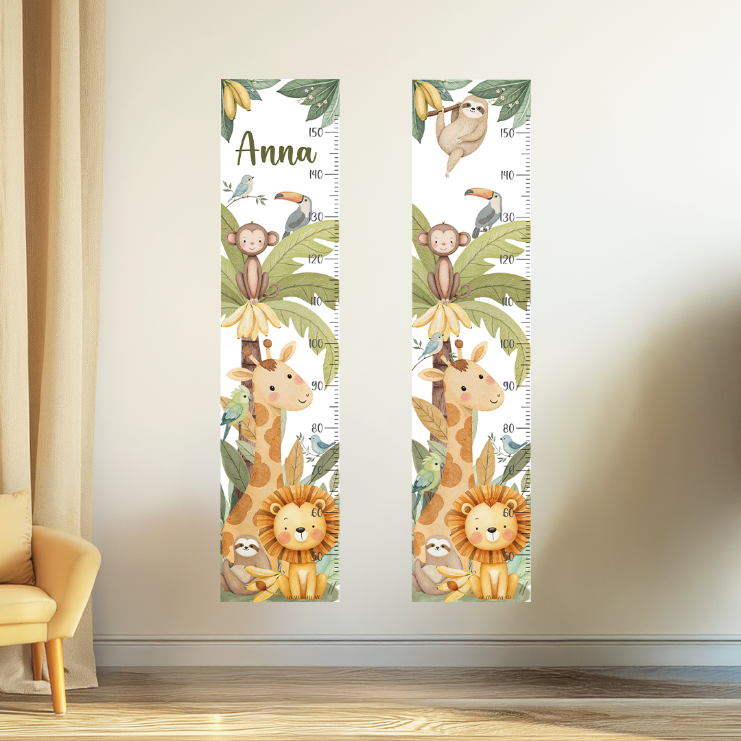 Jungle Animals Height Chart Wall Decals – Watercolor Growth Ruler with Giraffe, Monkey & Lion – Reusable Nursery Wall Art in Safari Theme