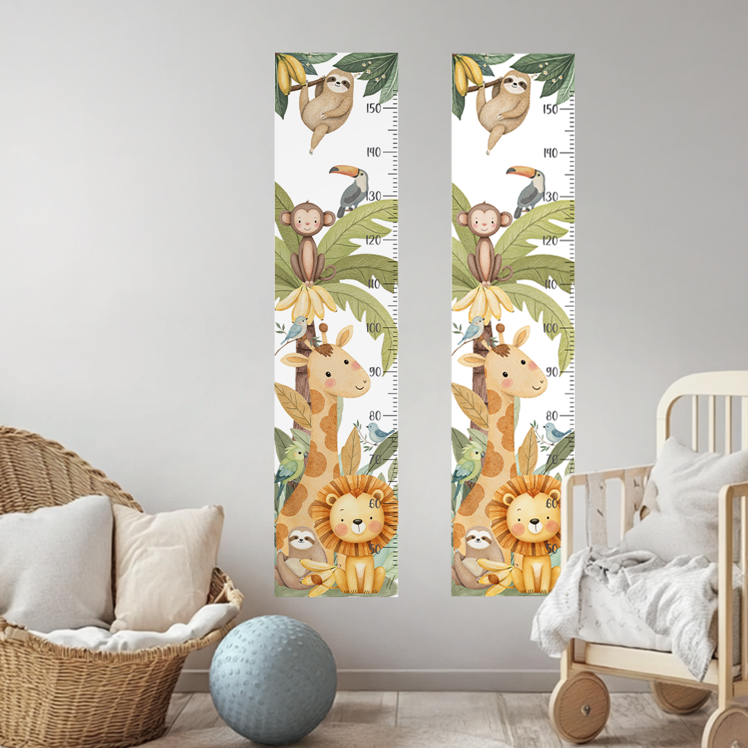 Jungle Animals Height Chart Wall Decals – Watercolor Growth Ruler with Giraffe, Monkey & Lion – Reusable Nursery Wall Art in Safari Theme