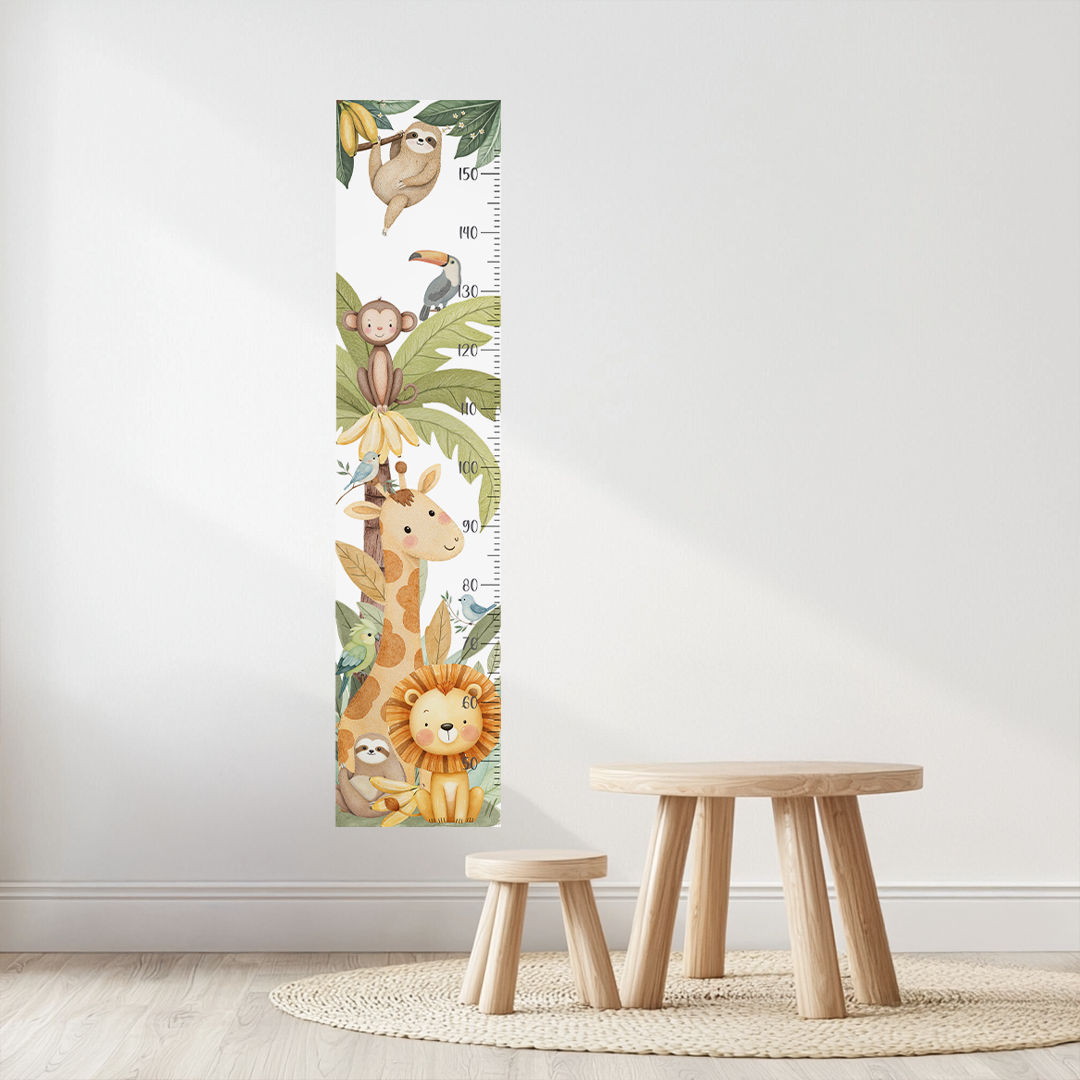 Jungle Animals Height Chart Wall Decals – Watercolor Growth Ruler with Giraffe, Monkey & Lion – Reusable Nursery Wall Art in Safari Theme