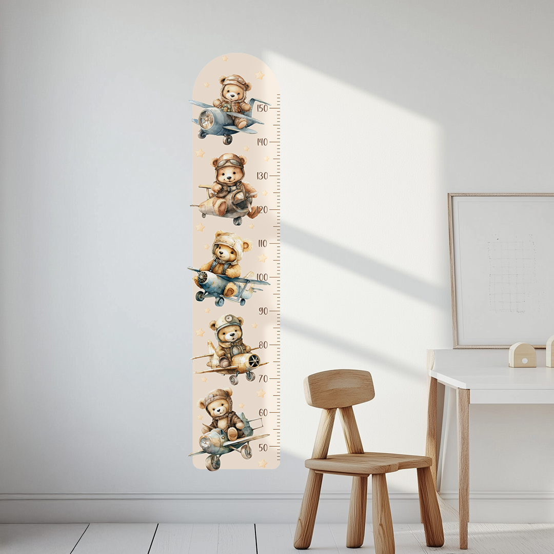 Teddy Bear Aviator Growth Chart Wall Decal – Personalized Height Ruler for Kids, Peel & Stick, Eco-Friendly Nursery Wall Art