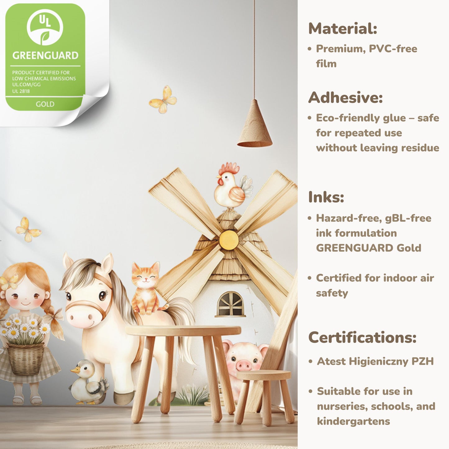 Stickers muraux style ferme – Autocollants réutilisables non toxiques XL et XXL avec animaux, grange et champs | Décoration pour chambre d'enfant, crèche ou salle de jeux