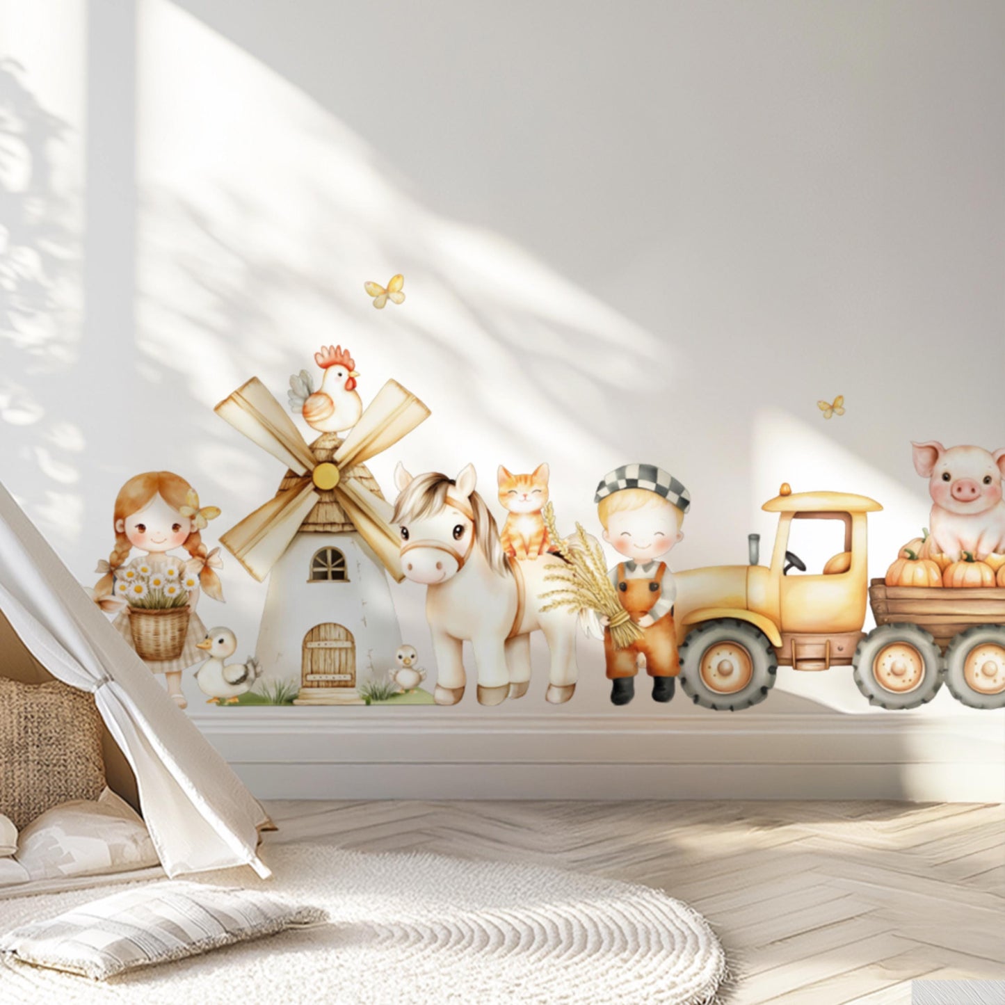 Stickers muraux style ferme – Autocollants réutilisables non toxiques XL et XXL avec animaux, grange et champs | Décoration pour chambre d'enfant, crèche ou salle de jeux