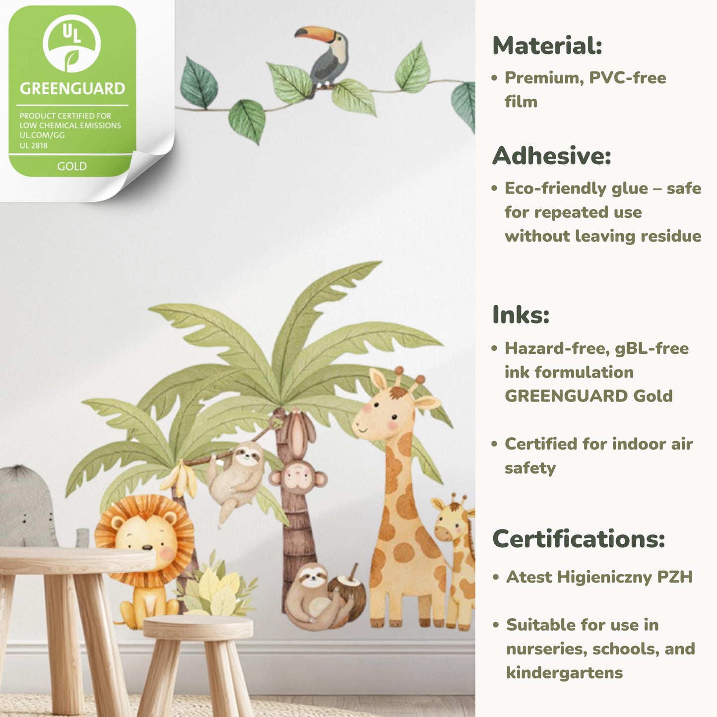 Stickers muraux Jungle – Animaux de safari mignons et autocollants écologiques sans plastique pour chambre d'enfant, taille sur mesure disponible