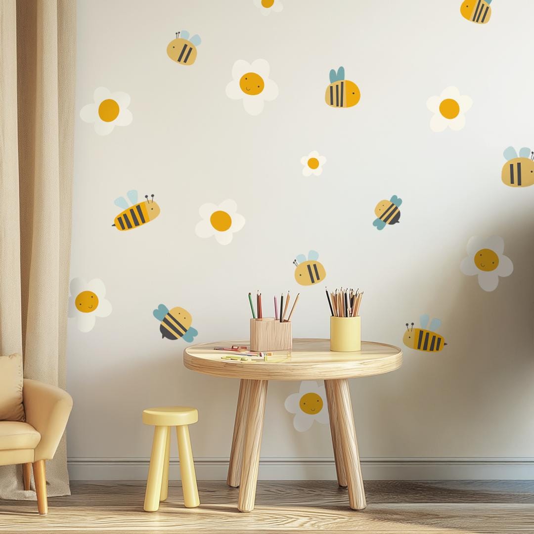 Stickers muraux abeilles et fleurs souriantes – Stickers muraux amusants et réutilisables pour la décoration d'une chambre d'enfant, d'une crèche ou d'une salle de classe maternelle