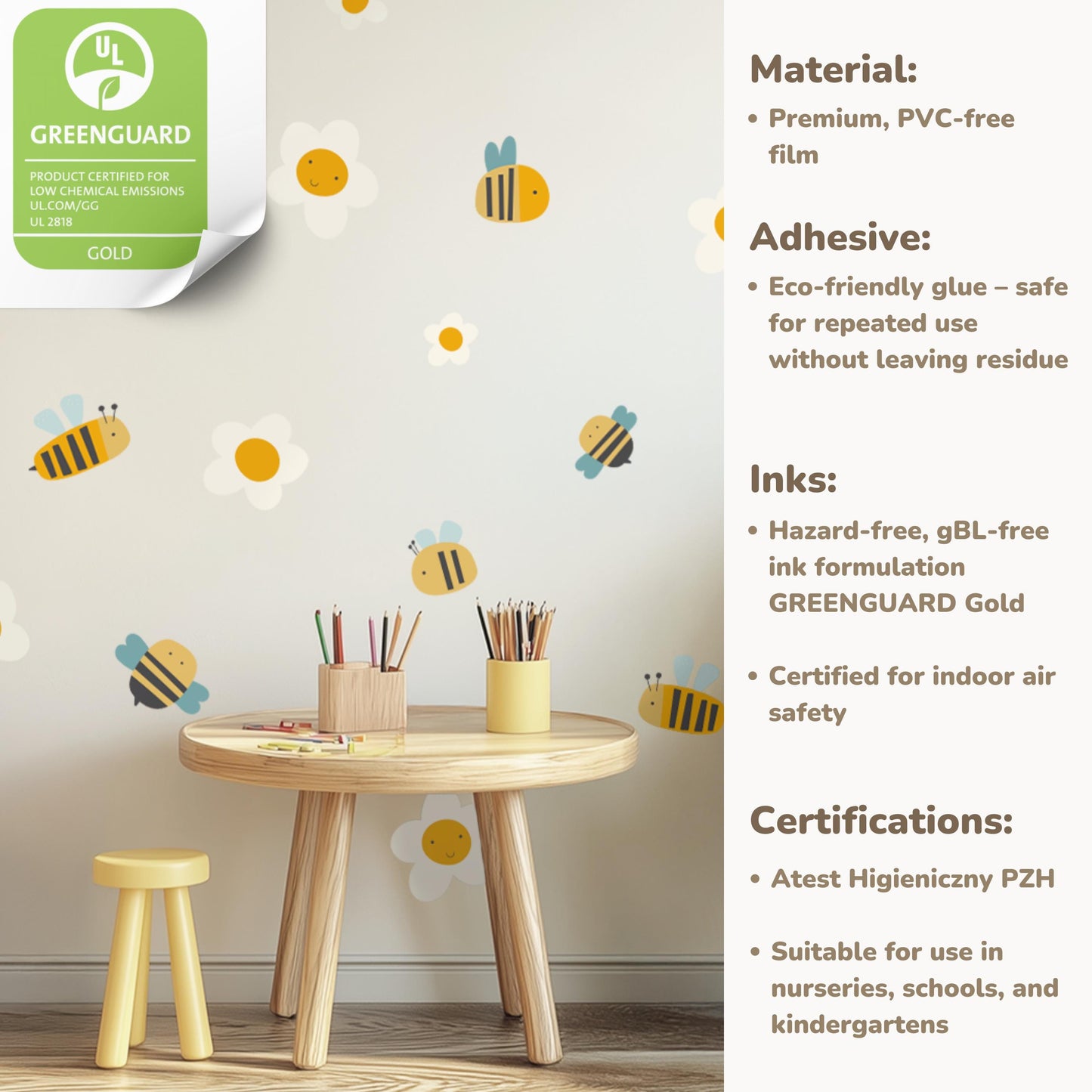 Stickers muraux abeilles et fleurs – Décoration murale pour chambre d'enfant inspirée de la nature, adorables autocollants réutilisables pour les espaces enfants