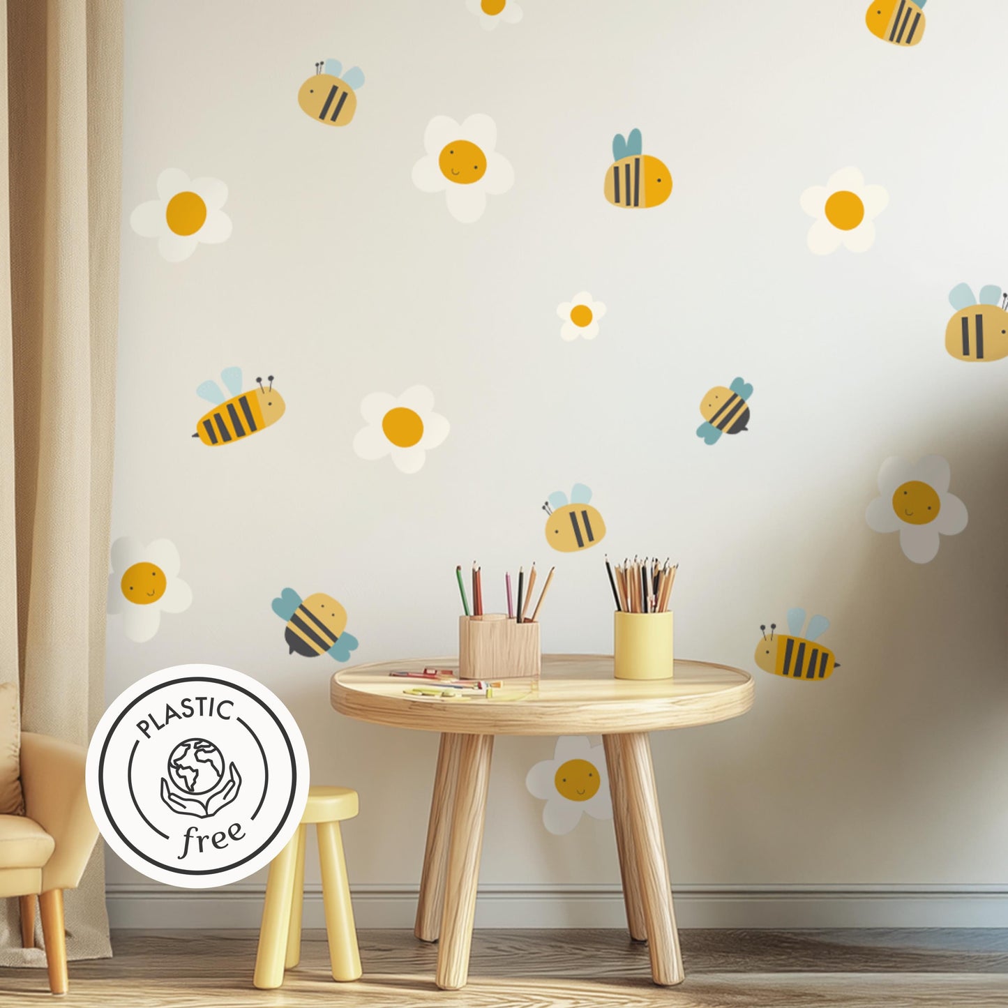 Stickers muraux abeilles et fleurs – Décoration murale pour chambre d'enfant inspirée de la nature, adorables autocollants réutilisables pour les espaces enfants