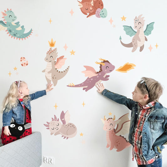 Stickers muraux dragons mignons – Créatures fantastiques violettes et roses, décoration bohème pour chambre d'enfant, art mural magique pour chambre d'enfant