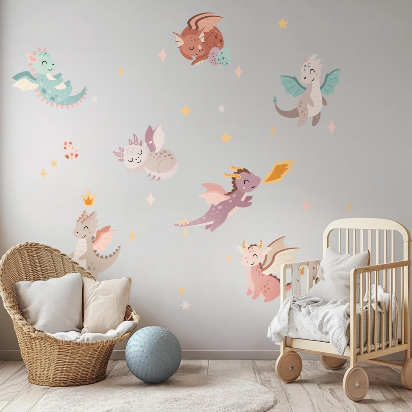 Stickers muraux dragons mignons – Créatures fantastiques violettes et roses, décoration bohème pour chambre d'enfant, art mural magique pour chambre d'enfant