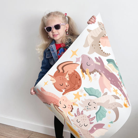 Stickers muraux dragons mignons – Créatures fantastiques violettes et roses, décoration bohème pour chambre d'enfant, art mural magique pour chambre d'enfant