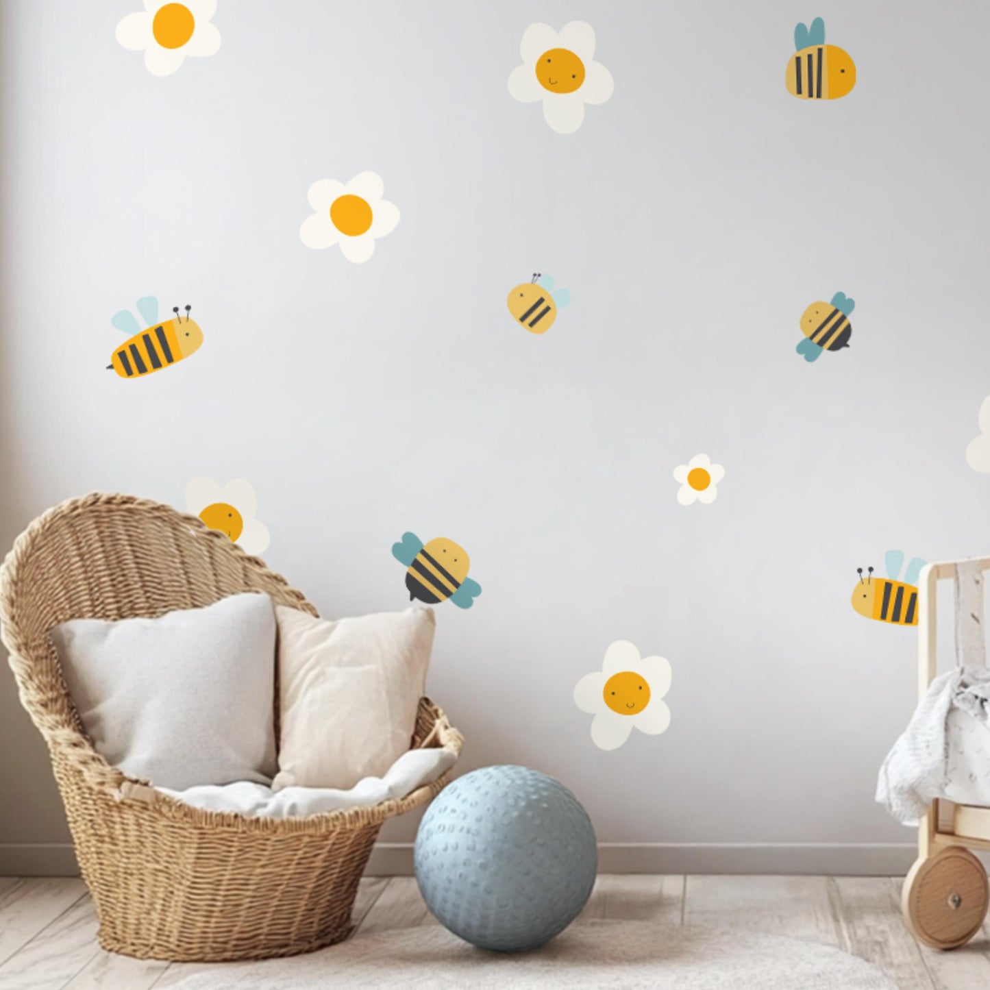 Stickers muraux abeilles et fleurs souriantes – Stickers muraux amusants et réutilisables pour la décoration d'une chambre d'enfant, d'une crèche ou d'une salle de classe maternelle