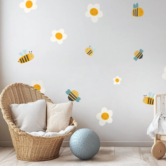Stickers muraux abeilles et fleurs souriantes – Stickers muraux amusants et réutilisables pour la décoration d'une chambre d'enfant, d'une crèche ou d'une salle de classe maternelle