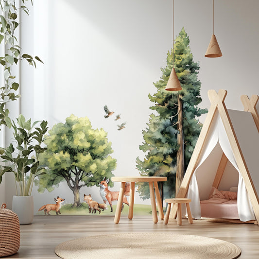 Autocollants muraux aquarelle sur le thème de la forêt – Décoration de chambre d'enfant réutilisable, sûre, mignonne et écologique avec options de taille pour salle de jeux ou salle de classe