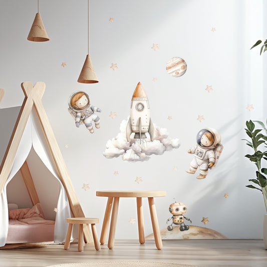 Stickers muraux sur le thème de l'espace – Autocollants aquarelles sans PVC pour chambre d'enfant et salle de jeux | Décoration sûre, réutilisable et écologique