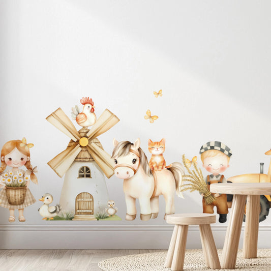 Stickers muraux style ferme – Autocollants réutilisables non toxiques XL et XXL avec animaux, grange et champs | Décoration pour chambre d'enfant, crèche ou salle de jeux