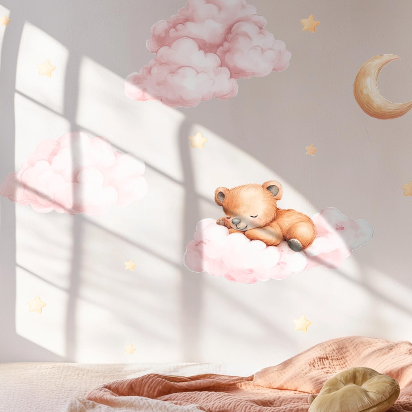 Stickers muraux ours en peluche - Sticker mural pour chambre d'enfant avec lune, étoiles et nuages, décoration intérieure pour baby shower, stickers pour chambre d'enfant