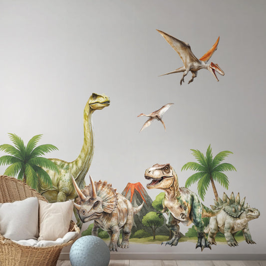 Stickers muraux dinosaures aquarelle – Stickers XXL sur le thème de la jungle préhistorique | Décoration de chambre d'enfant réutilisable et non toxique