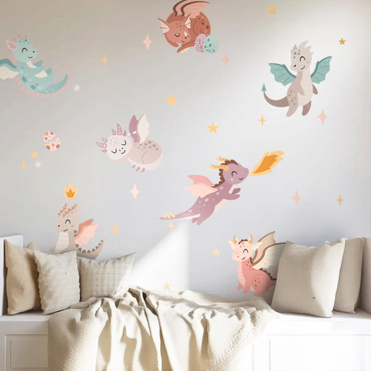 Stickers muraux dragons – Décoration de chambre d'enfant, autocollants dragon aquarelle, décoration murale fantaisie pour chambre d'enfant, réutilisables et amovibles, chambre d'enfant