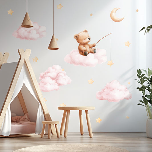 Autocollants muraux Ours pêcheur sur nuage – Décoration de chambre d'enfant XL et XXL, non toxique et réutilisable, style aquarelle, avec étoiles et éléments de ciel de rêve