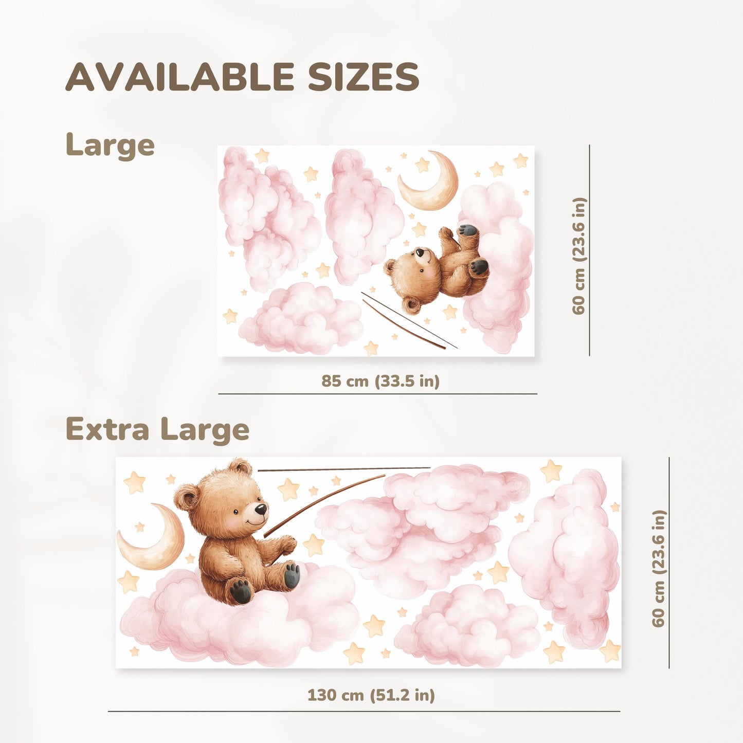 Bear Fishing on Cloud Wall Decals – XL & XXL Non-Toxic Reusable Watercolor-Style Kids' Room Decor with Stars and Dreamy Sky Elements